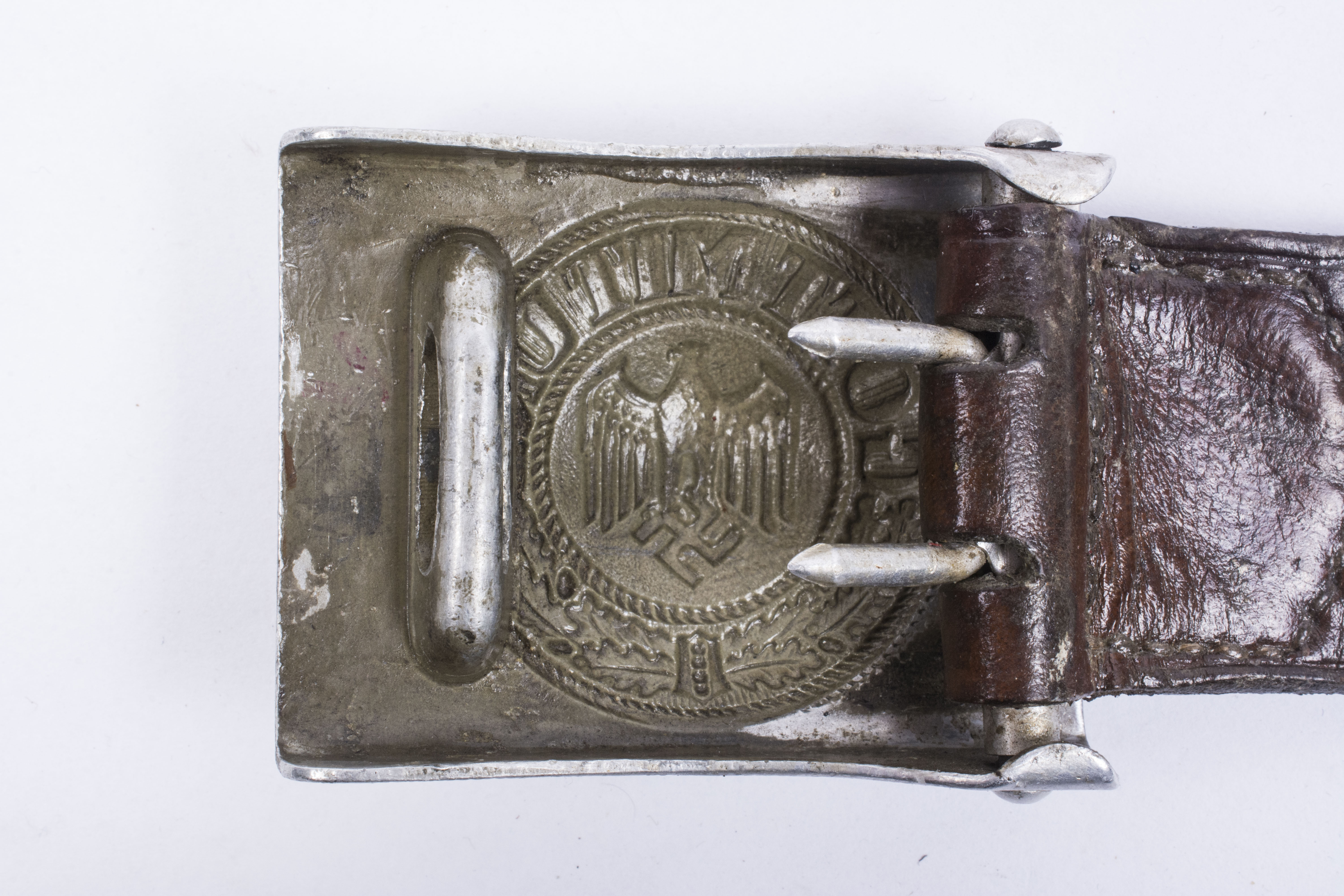 Rare tabbed aluminum Heer belt buckle K.F.Brahm Fürth 1938 – fjm44