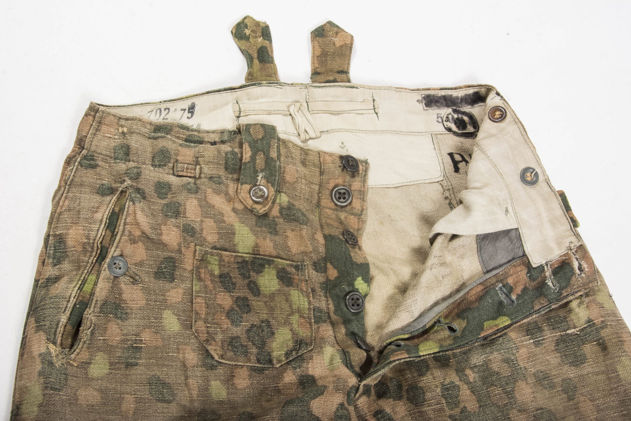 Combat worn Waffen-SS field trousers in Erbsentarn camouflage – fjm44